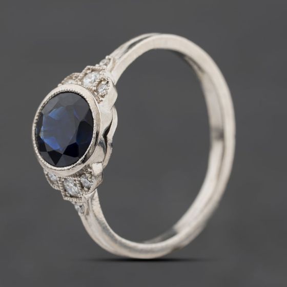 Second Hand Platinum Sapphire & 0.11ct Diamond Round Rubover Set Dress Ring 41482840