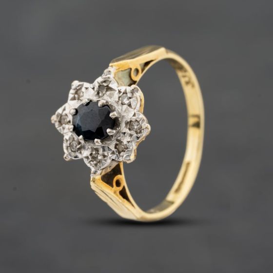 Second Hand 18ct Yellow Gold Sapphire & Diamond Flower Cluster Ring 41482980