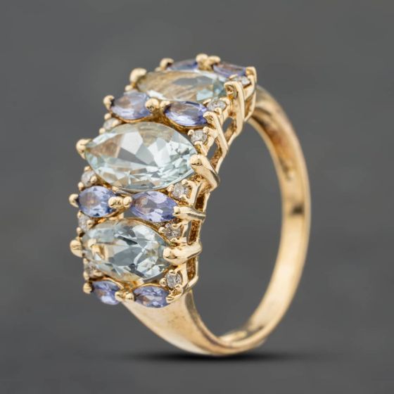 Second Hand 9ct Yellow Gold Tanzanite Aquamarine & 0.18ct Brilliant Cut Diamond Dress Ring 41483028