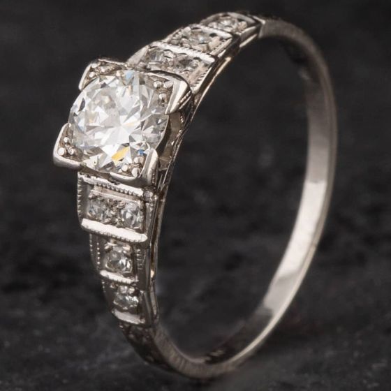 Second Hand Vintage Platinum Brilliant Cut Diamond Shoulder Set Solitaire Ring 4148749