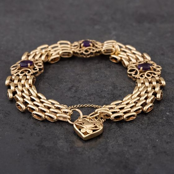 Second Hand 9ct Yellow Gold Amethyst 8 Inch Gate Bracelet 41531031