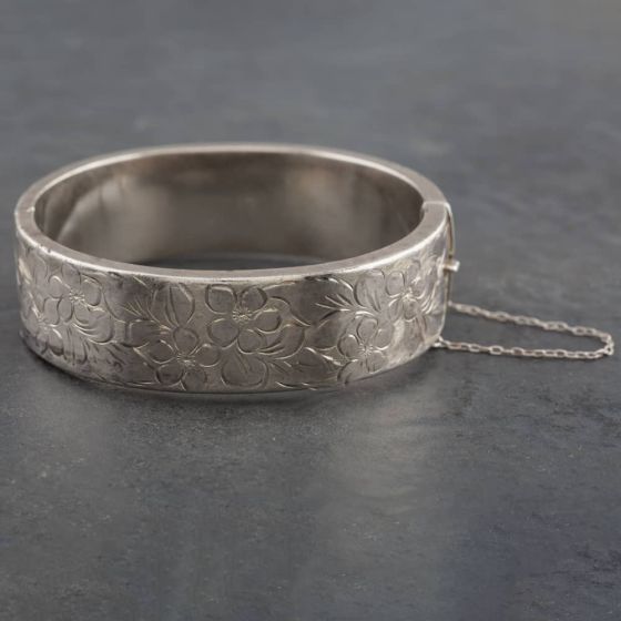Second Hand Sterling Silver Floral 20cm Hinged Bangle 4155083