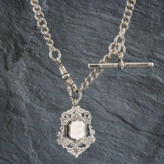 Second Hand Antique Silver T Bar And Engravable Shield Albert Chain 4155084