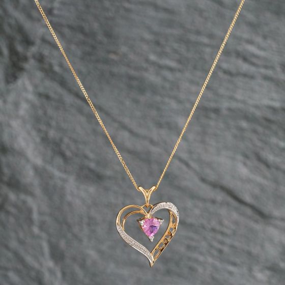 Second Hand 9ct Yellow Gold Topaz & Diamond Love Heart Pendant & 16 Inch Curb Chain 4156025
