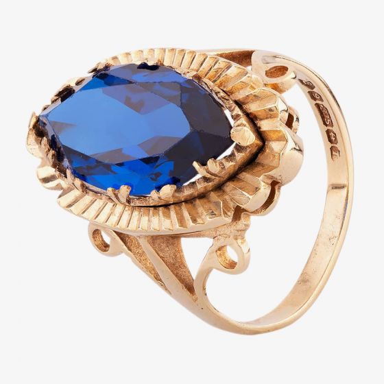 Second Hand 9ct Yellow Gold Marquise Cut Synthetic Blue Spinel Solitaire Ring 4163904