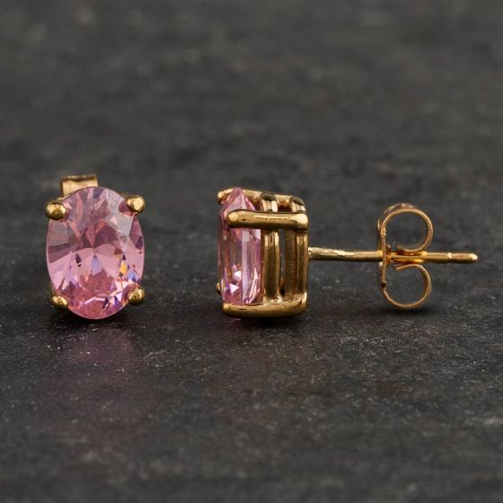 Second Hand 9ct Yellow Gold Pink Cubic Zirconia Oval Stud Earrings 4165145