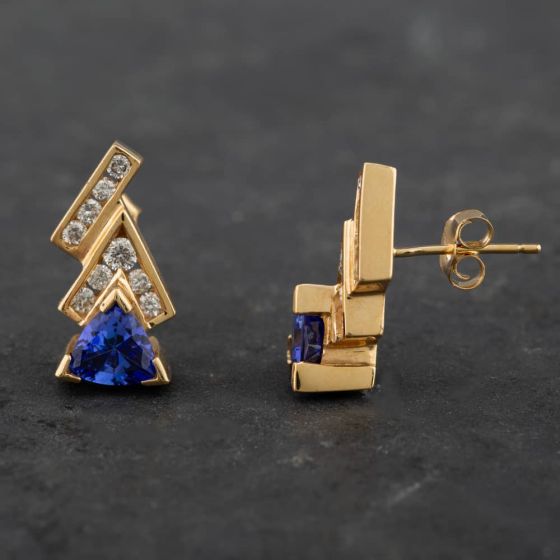 Second Hand 14ct Yellow Gold Tanzanite & Brilliant Diamond Abstract Stud Earrings 4165159