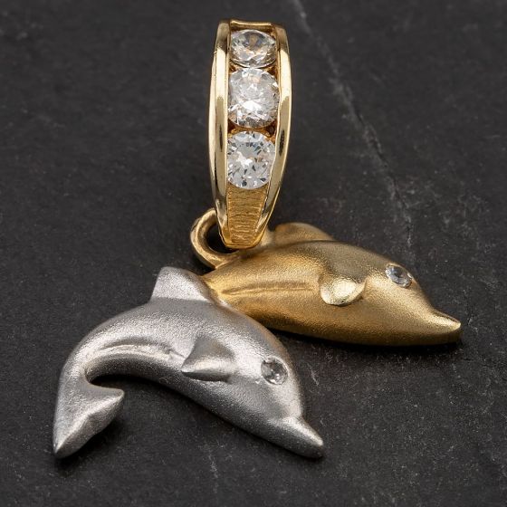 Second Hand 9ct Two Colour Gold Cubic Zirconia Double Dolphin Loose Pendant 4166431