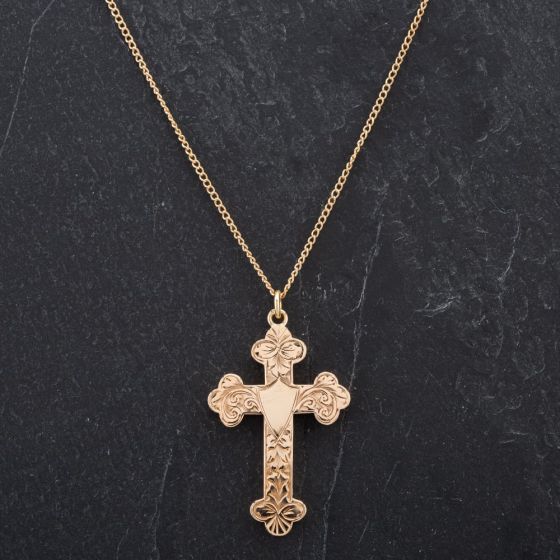 Second Hand 9ct Rose Gold Large Hollow Engraved Cross 24" Trace Chain 4166689