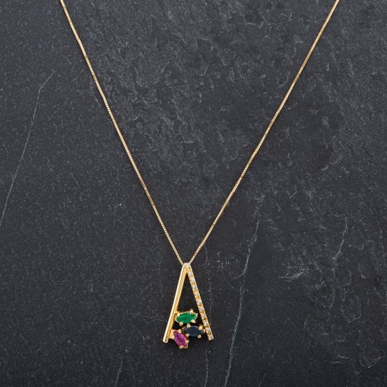 Second Hand 18ct Yellow Gold 18" Diamond Ruby Sapphire Emerald Set Fancy Boxlink Necklace 4166808