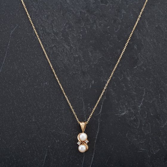 Second Hand 9ct Yellow Gold 18" Cultured Pearl and Diamond Set Fancy Trace Link Necklace 4166837