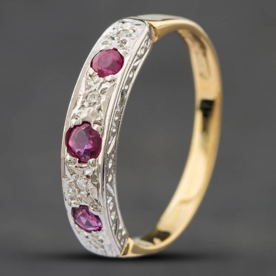 Second Hand Vintage 9ct Two Colour Gold Ruby & Brilliant Cut Diamond Half Eternity Ring 41671037