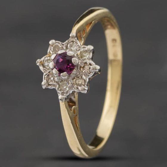 Second Hand 9ct Yellow Gold Ruby & Diamond Cluster Ring 41671279