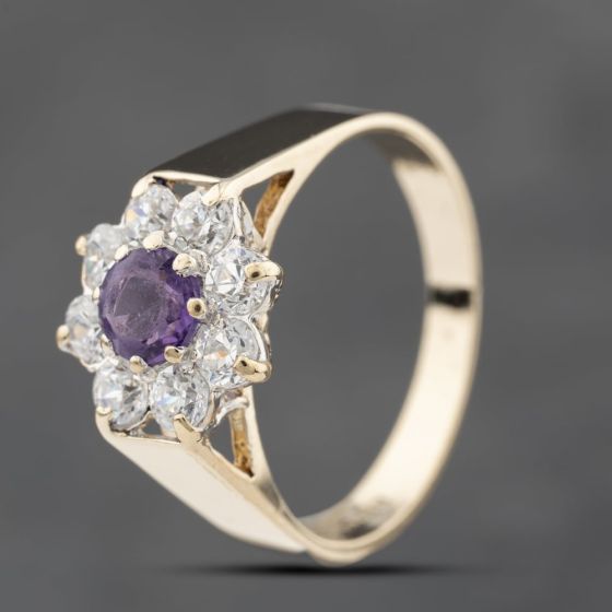 Second Hand 9ct Yellow Gold Amethyst & Cubic Zirconia Cluster Ring 41671460