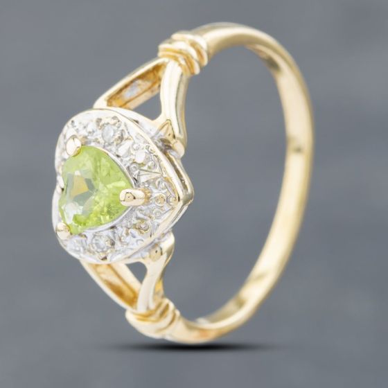 Second Hand 9ct Yellow Gold Peridot & Diamond Heart Cluster Ring 41671472