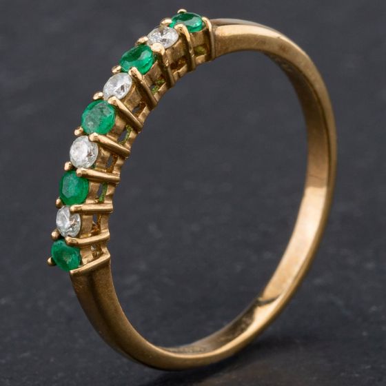 Second Hand 9ct Yellow Gold Brilliant Cut Diamond and Emerald Half Eternity Ring 4167352