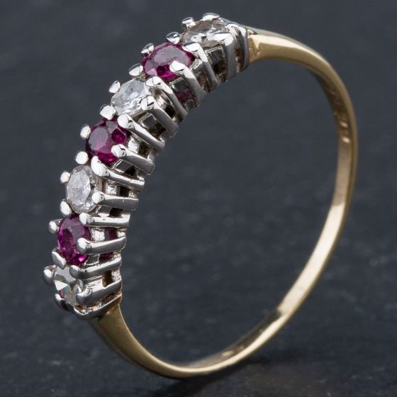 Second Hand 9ct Yellow Gold Brilliant Cut Diamond Ruby Half Eternity Ring 4167392
