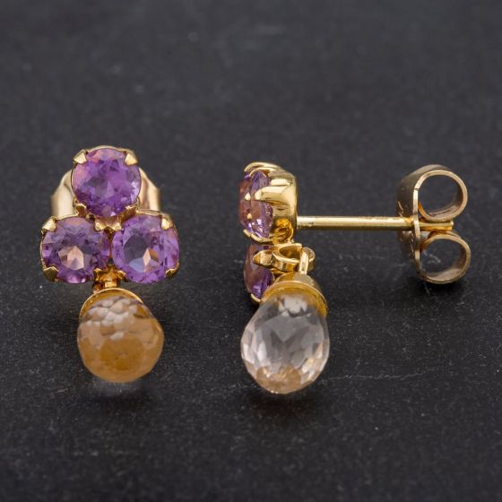 Second Hand 18ct Yellow Gold Amethyst and Quartz Gemstone Set Dropper Earrings 4183778