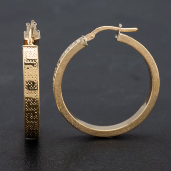 Second Hand 14ct Yellow Gold Hollow Greek Key Hoop Earrings 4183795