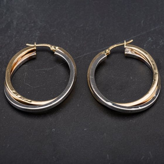 Second Hand 14ct Two Colour Gold Oval Twist Design Hoop Earrings 4183796