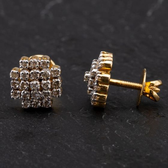 Second Hand 14ct Yellow Gold Square Cluster Diamond Stud Earrings 4183844