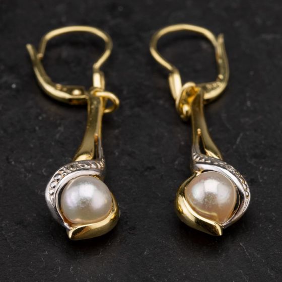 Second Hand 14ct Yellow Gold Pearl and Diamond Dropper Earrings 4183849