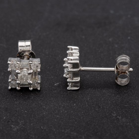 Second Hand 9ct White Gold Round Brilliant and Baguette Cut Diamond Square Stud Earrings 4183850