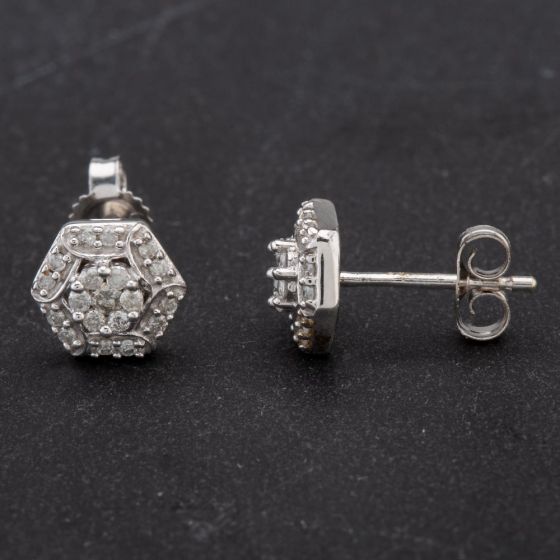 Second Hand 9ct White Gold Hexagon Shape Round Brilliant Diamond Cluster Earrings 4183851
