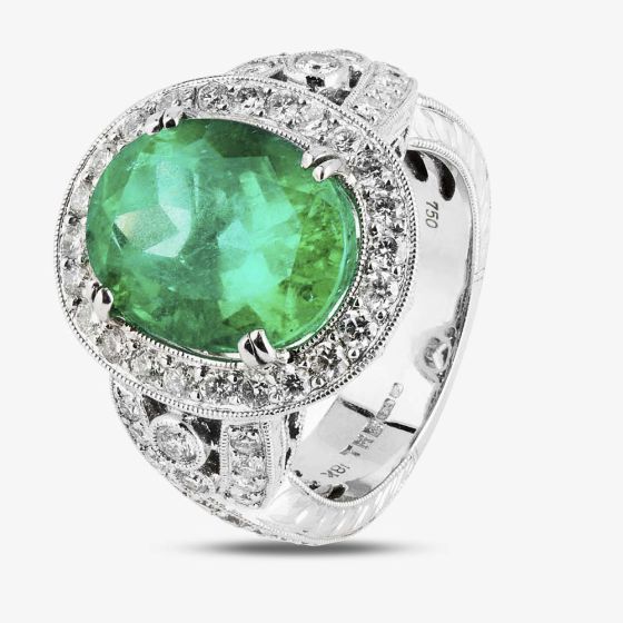 Second Hand 18ct White Gold 7.21ct Emerald & 1.55ct Diamond Cluster Ring 4228308 4328308
