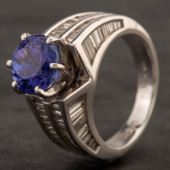 Second Hand Platinum Tanzanite Baguette Cut Diamond Shoulders Ring 4232032