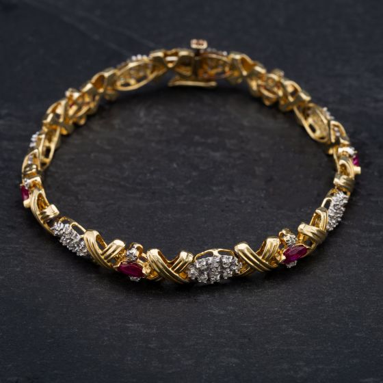Second Hand 9ct Yellow Gold 1.50ct Ruby & 0.75ct Brilliant Cut Diamond Stone Set Bracelet 4307086