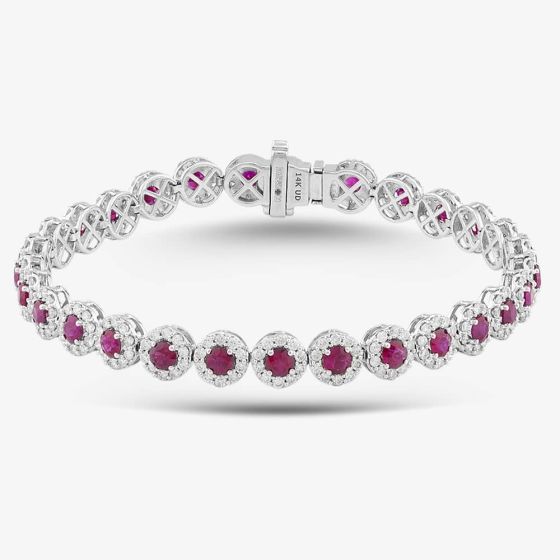 Second Hand 14ct White Gold 4.75ct Ruby & 3.00ct Brilliant Cut Diamond Cluster 7.5 Inch Bracelet 43071006