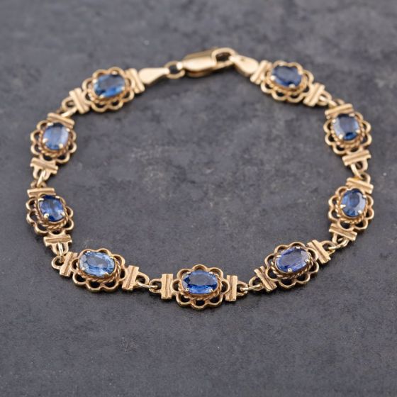 Second Hand 9ct Yellow Gold Blue Topaz Filigree 7.5 Inch Bracelet 43071018