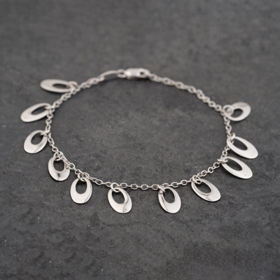 Second Hand 9ct White Gold Oval Dropper 7 Inch Chain Bracelet 43071020