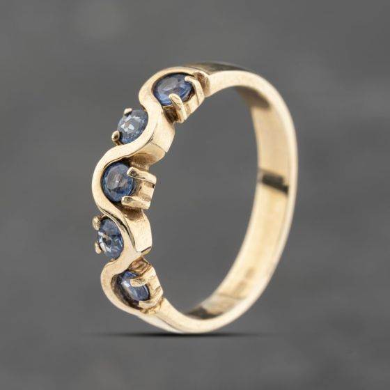 Second Hand 9ct Yellow Gold Blue Topaz Wave Half Eternity Ring 43091031