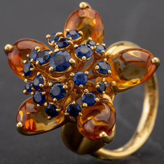 Second Hand 18ct Yellow Gold Citrine & Sapphire Large Flower Ring 4309197
