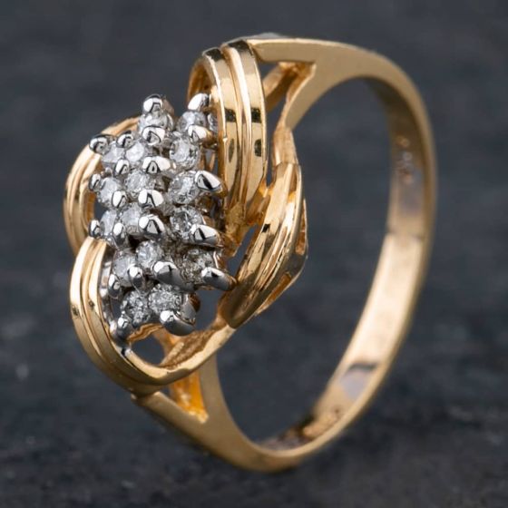 Second Hand 9ct Yellow Gold Brilliant Cut Diamond 3 Row Fancy Cluster Ring 4312006