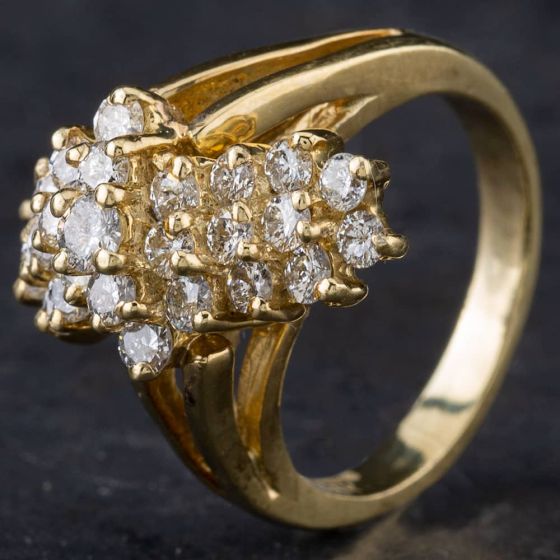 Second Hand 14ct Yellow Gold Brilliant Cut Diamond Multi Row Spray Cluster Ring 4312031