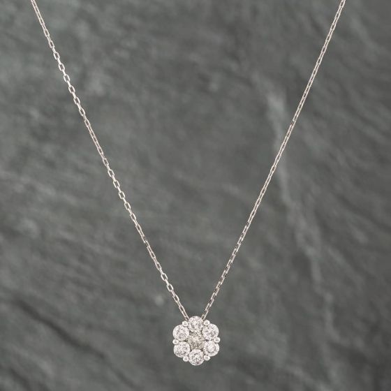 Second Hand 18ct White Gold 1.08ct Brilliant Cut Diamond Cluster Pendant & 16-18 Inch Trace Chain 43121024