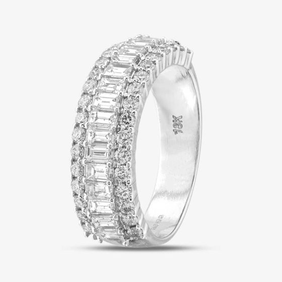 Second Hand 18ct White Gold Baguette & Brilliant Cut Diamond Three Row Ring 43121082