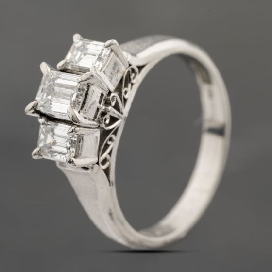 Second Hand Platinum 0.95ct Emerald Cut Diamond Three Stone Ring 43121256