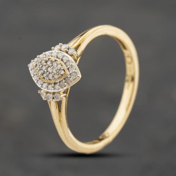 Second Hand 9ct Yellow Gold 0.20ct Diamond Marquise Shaped Cluster Ring 43121331