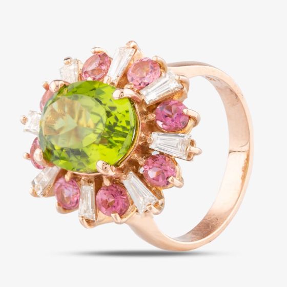 Second Hand 14ct Rose Gold 5.41ct Peridot, 0.83ct Diamond & 1.33ct Pink Tourmaline Oval Cluster Ring 4312214