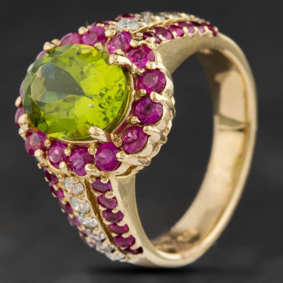 Second Hand 14ct Yellow Gold 2.79ct Peridot, 0.37ct Diamond & 1.49ct Pink Sapphire Oval Cluster Ring 4312218
