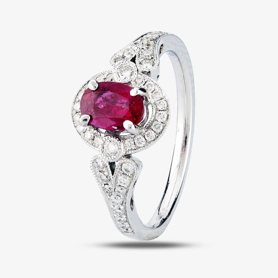 Second Hand 18ct White Gold 0.65ct Ruby & 0.30ct Diamond Cluster Ring 4312233