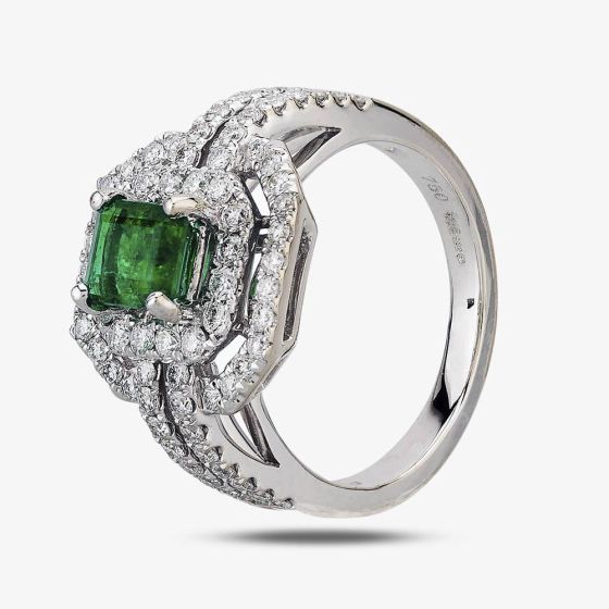 Second Hand 18ct White Gold 0.50ct Emerald & 1.60ct Diamond Cluster Ring 4312244
