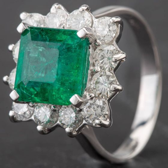 Second Hand 18ct White Gold 2.50ct Square Emerald & 1.45ct Diamond Cluster Ring 4312380