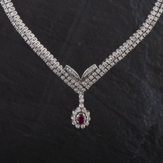 Second Hand 14ct White Gold 0.60ct Ruby & 5.33ct Brilliant Cut Diamond Two Row 17 Inch Necklace 4314050