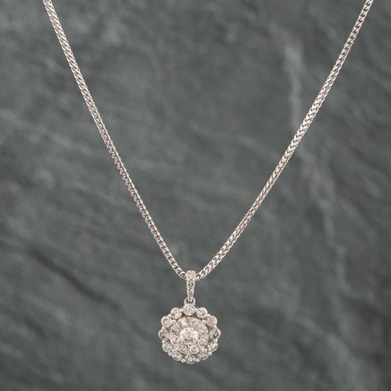 Second Hand 9ct White Gold 1.00ct Brilliant Cut Diamond Flower Cluster Pendant & 18 Inch Foxtail Chain 43141000