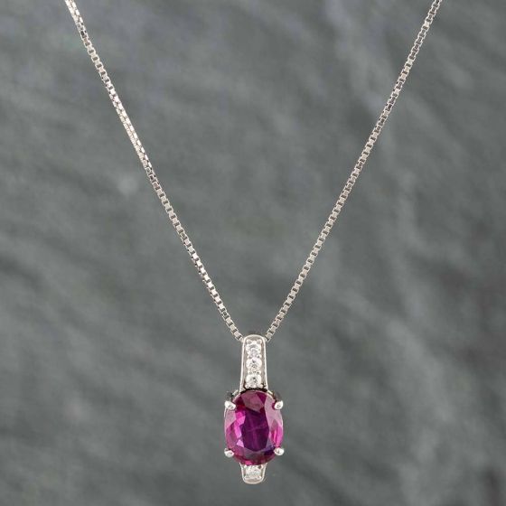 Second Hand Platinum Ruby & Brilliant Cut Diamond Oval Pendant & 16-18 Inch Box Chain 43141003
